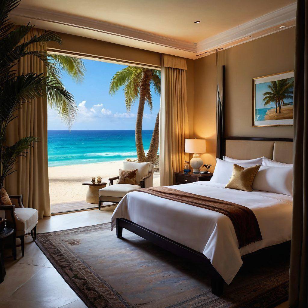 A captivating scene featuring a luxurious beach setting with soft golden sand, contrasted with an elegant bedroom adorned with sensual swimwear draped artfully over opulent fabrics. The background should blend the beach's azure waves with the intimate warmth of a softly lit bedroom. Symbolic elements of allure and sophistication can include palm trees subtly peeking through the bedroom window, and soft lighting to enhance the mood. sultry vibes. vibrant colors. painting.